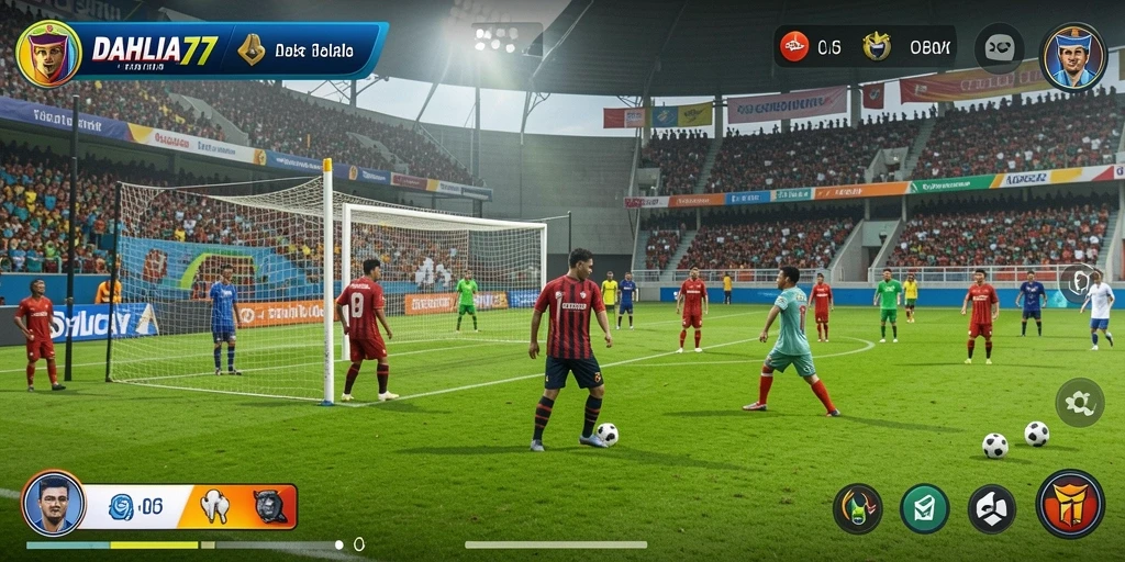 Tampilan gameplay DAHLIA77 yang penuh aksi dan strategi sepak bola.