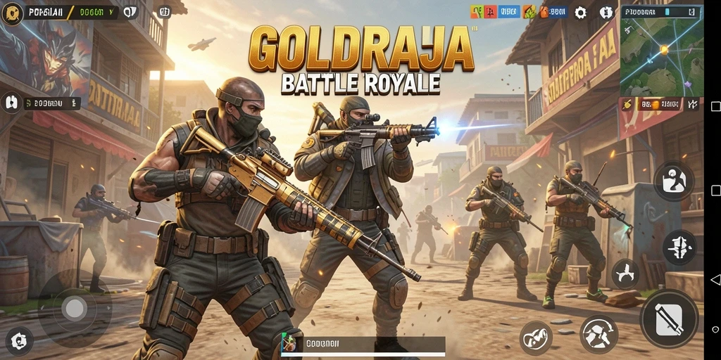 Tangkapan layar gameplay penuh aksi dari GOLDRAJA dalam pertarungan Battle Royale.