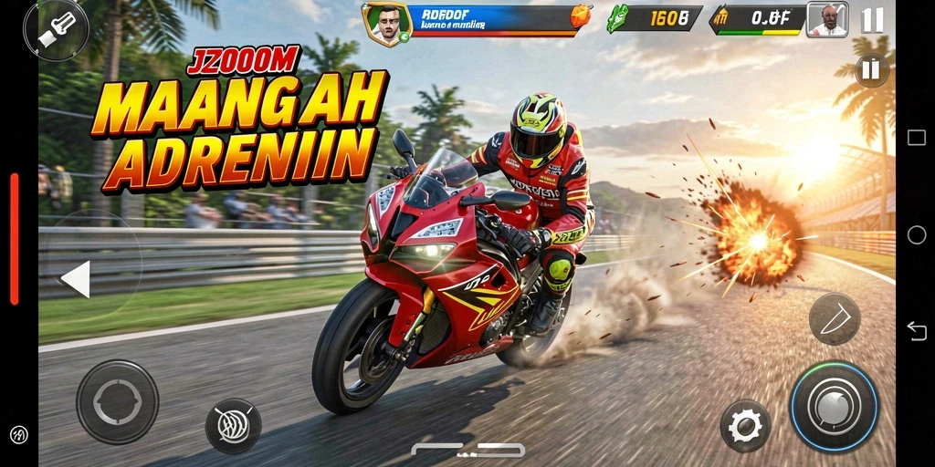 Screenshot J200M menampilkan aksi balapan motor yang intens dan mendebarkan.